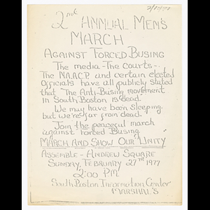 Flier for second annual men's march against forced busing on February 27, 1977