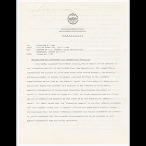 Memorandum from Charles Hambelton to Catherine Ellison about U.S. district court hearing held August 30, 1978