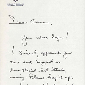 Note from the office of Massachusetts Lieutenant Governor Thomas P. O'Neill III, thanking Carmen Pola for her support