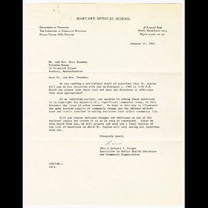 Letter from Ledonia S. Wright to Mr. and Mrs. Snowden about list of potential questions for interview by Dr. Caplan for visiting faculty seminar in community psychiatry