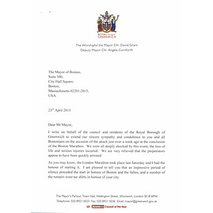 Letter from Councillor David Grant, Mayor of Royal Greenwich, London, to the Mayor of Boston