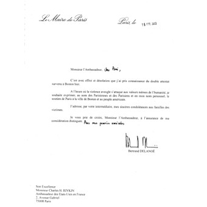 Letter from French politician Bertrand Delanoe to Charles Rivkin, the United States Ambassador to France