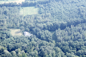 Aerial oblique view of U.S. Forest Service genetic plantations GP-10-52 - GP12-52 Hybrid Poplar, NE-1401-2 Harvard Hybrid Poplar, NE-1102-4 1957 White Birch on plowed ground, GP-14-52 Genetics white ash and pine, and GP 14-52 Genetics ash on 14 July 1971. Carriage house seen in center right.