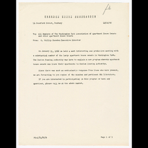 Letter from Otto Snowden to Washington Park Association of Apartment House Owners (WAPAAHO) about meeting held January 11, 1966