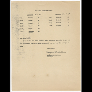 Letter from Margaret L. Sullivan to Miss McGill about tour schedule for William L. Garrison School