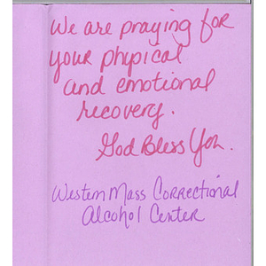 Card from a woman at the Western Massachusetts Correctional Alcohol Center