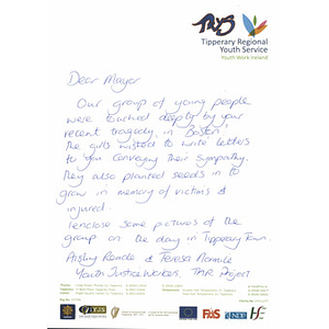 Letter to the city of Boston from the Tipperary Regional Youth Service TAR Project (Ireland)