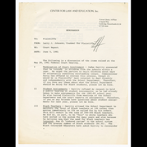 Memorandum from Larry J. Johnson to plaintiffs about Federal Court hearing held May 28, 1981