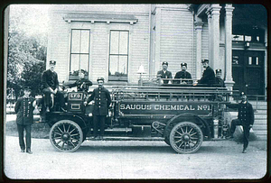 Saugus fire fighters with fire engine in front of Town Hall