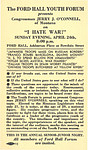 Ford Hall Youth Forum program advertising "I Hate War!"