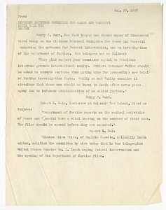 Statement by the Citizens National Committee for Sacco and Vanzetti concerning telegrams of support, August 17, 1927