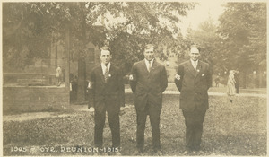 Three unidentified men of the class of 1905 standing outside