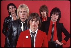 The Cars, photo shoot for Candy-O: (from left) Ric Ocasek, Benjamin Orr, Greg Hawkes, Elliot Easton, and David Robinson