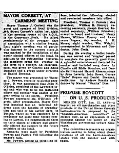 "Mayor Corbett, at Carmens' Meeting" - Lowell Sun article