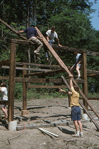 Raising rafters at the Moon Barn Raising at entrance to Hopkins Forest ...