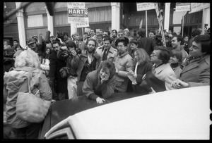 Lee Hart surrounded by press at a rally for her husband, Gary Hart, who was renewing his bid for the Democratic nomination for the presidency