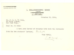 Letter from L. Hollingsworth Wood to W. E. B. Du Bois