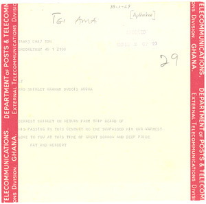 Telegram from Herbert Aptheker to Shirley Graham Du Bois