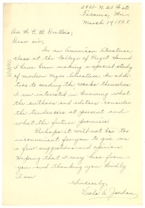 Letter from Viola A. Jordan to W. E. B. Du Bois