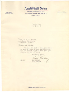 Letter from New York Amsterdam News to W. E. B. Du Bois