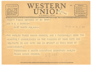 Telegram from Harlem Trade Union Council to W. E. B. Du Bois