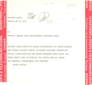 Telegram from Han Wu to Shirley Graham Du Bois