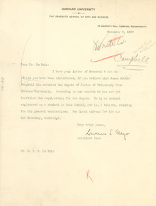 Letter from Harvard University Graduate School of Arts and Sciences to W. E. B. Du Bois