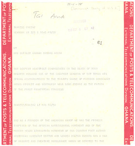 Telegram from Communist Party of the United States of America to Shirley Graham Du Bois