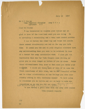 Letter from Laurence L. Doggett to Seward C. Staley (July 18, 1917)