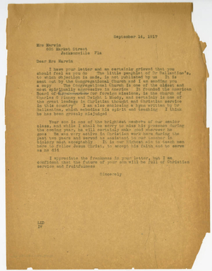 Dr. Laurence L. Doggett to Mrs. Marvin (September 14, 1917)