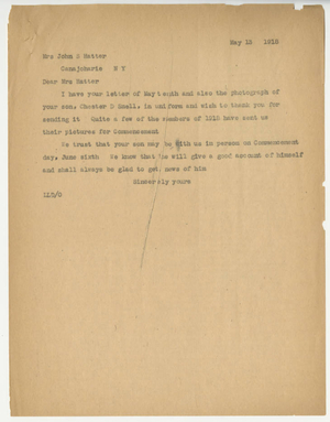 Letter from Laurence L. Doggett to Mrs. John S. Hatter (May 13, 1918)