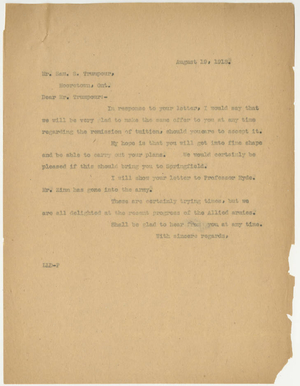 Letter from Laurence L. Doggett to Samuel S. Trumpour (August 19, 1918)