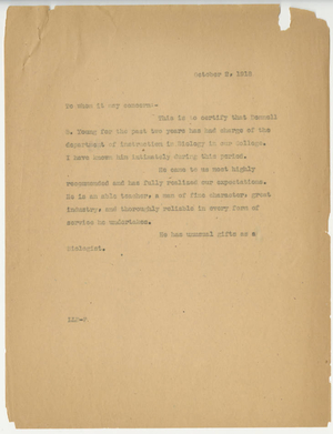 Letter of recommendation for Donnell B. Young from Laurence L. Doggett (October 2, 1918)