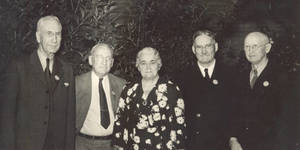 Dr. James Naismith with Walter Lanphear, William Ball, Mrs. William Ball, and Thomas D. Patton