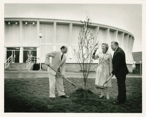 Wilbert and Maria Locklin and Ma Qiwei planting a tree (May 12, 1984)