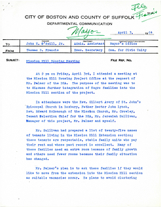 Memorandum from Thomas B. Francis to John H. O'Neill, Jr. concerning a Mission Hill housing meeting