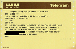 Telegram from Washington, D.C. student to Mayor Kevin H. White