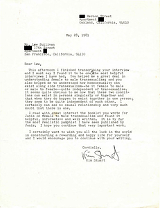 Correspondence from Kim Stuart to Lou Sullivan (May 28, 1981)