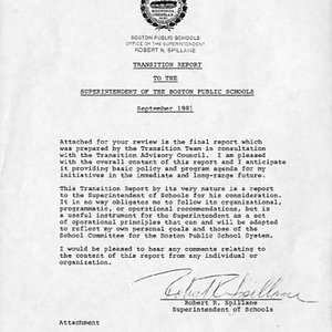 Transition report to the superintendent, Boston Public Schools, including a cover page from Superintendent Robert R. Spillane