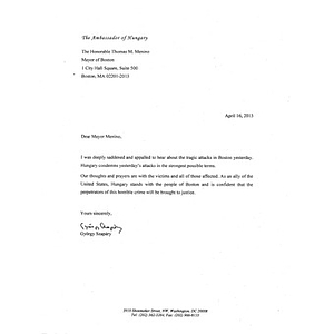 Letter from the Ambassador of Hungary to Mayor Thomas Menino