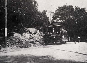 Electric car coming from Lynn, Water Street near Brook Street, late 1890's