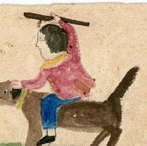 Child's drawing a boy on the back of a dog "George P. Winn"
