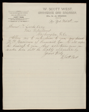 W. Scott West to Thomas Lincoln Casey, February 19, 1890