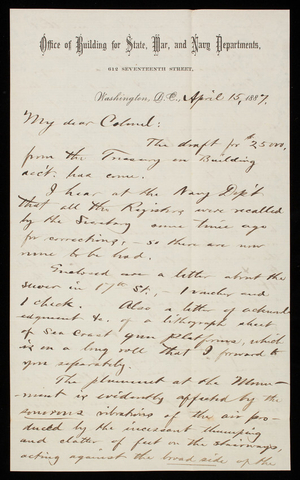 Bernard R. Green to Thomas Lincoln Casey, April 15, 1887