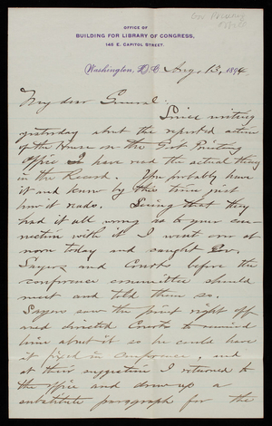 Bernard R. Green to Thomas Lincoln Casey, August 13, 1894