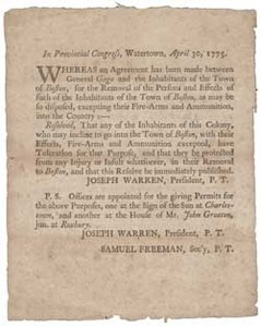 In Provincial Congress, Watertown, April 30, 1775. Whereas an Agreement has been made ...