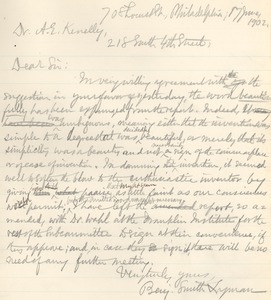 Letter from Benjamin Smith Lyman to Arthur E. Kenelly