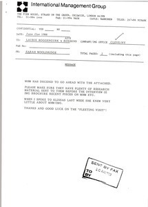 Fax from Sarah Wooldridge to Laurie Roggenburk and Ayn Robbins