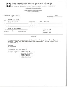 Fax from Mark H. McCormack to multiple recipients