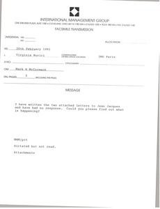 Fax from Mark H. McCormack to Virginia Ruzici